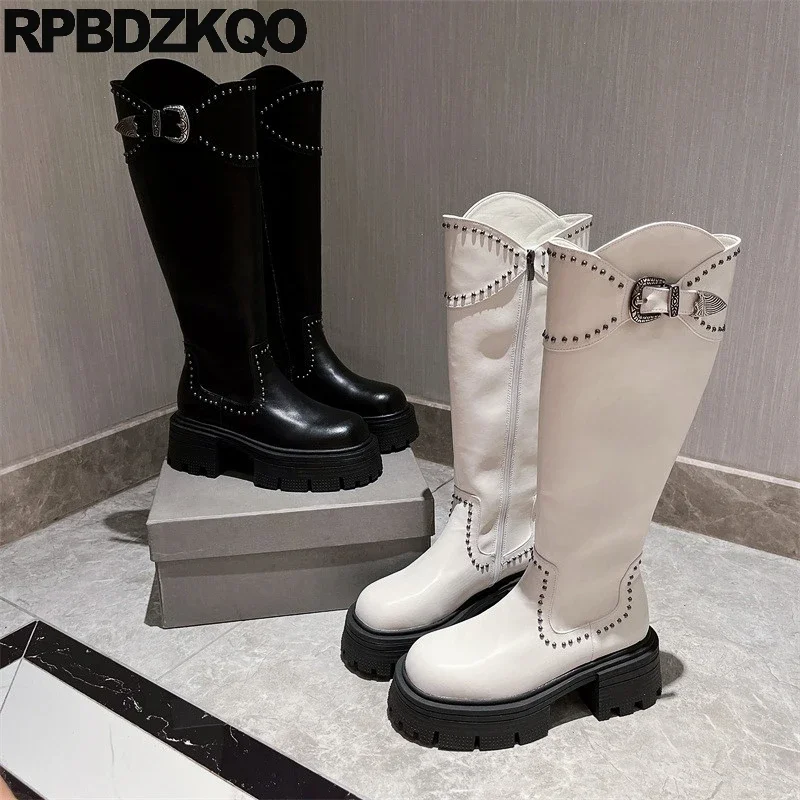 

Biker Shoes Fur High Heels Women Side Zip Stud Cowhide Motorcycle Belts Round Toe Knee Studded Real Leather Boots Rivet Metal