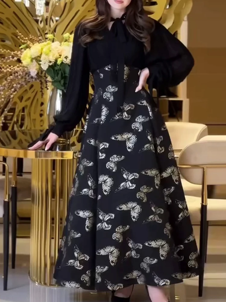 Vestido largo bohe ajustado informal de manga larga para mujer, vestido de fiesta drapeado con estampado de flores a la moda, vestido de vacaciones elegante con cordones y cuello en V