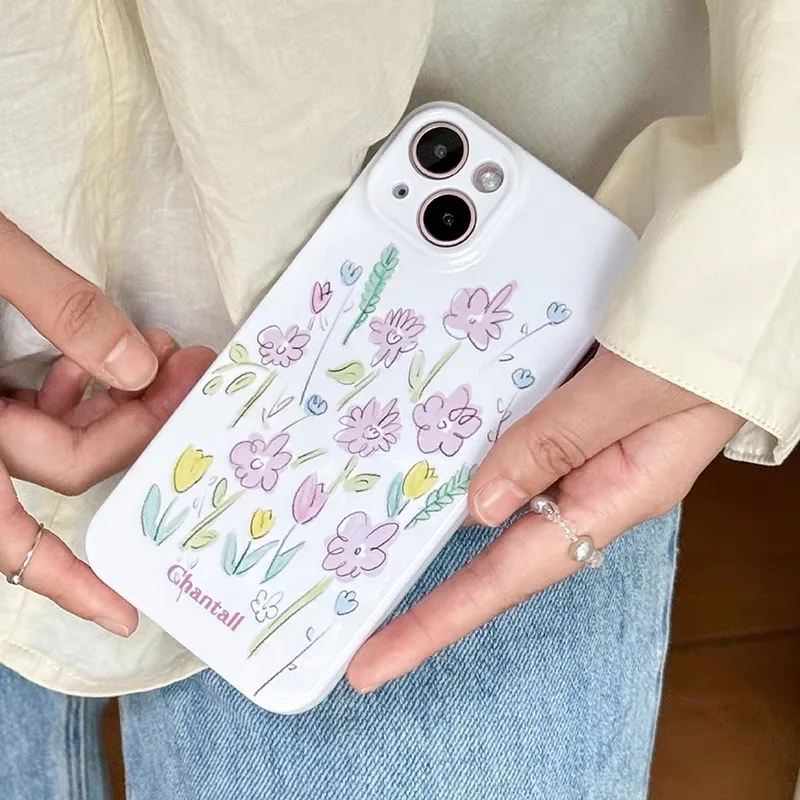 Girl Hand-painted Flowers  IPHONE 15PRO MAX 14 13 PRO 13 PRO MAX 15 15PLUS 15PRO 12 13 Mini Case Acrylic Hard Mobile Phone Cases