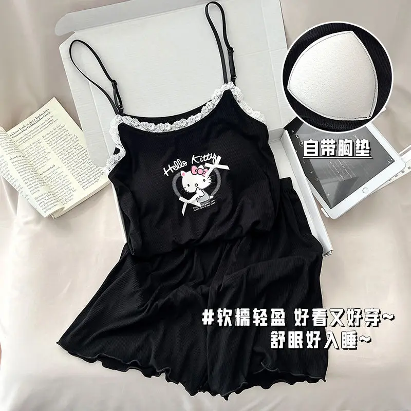 

Сексуальная пижама на подтяжках Hello Kitty, 2 шт., летний жилет Sanrio для девочек с накладкой на грудь, модальный тонкий новый стиль, домашняя одежда, подарок на праздник