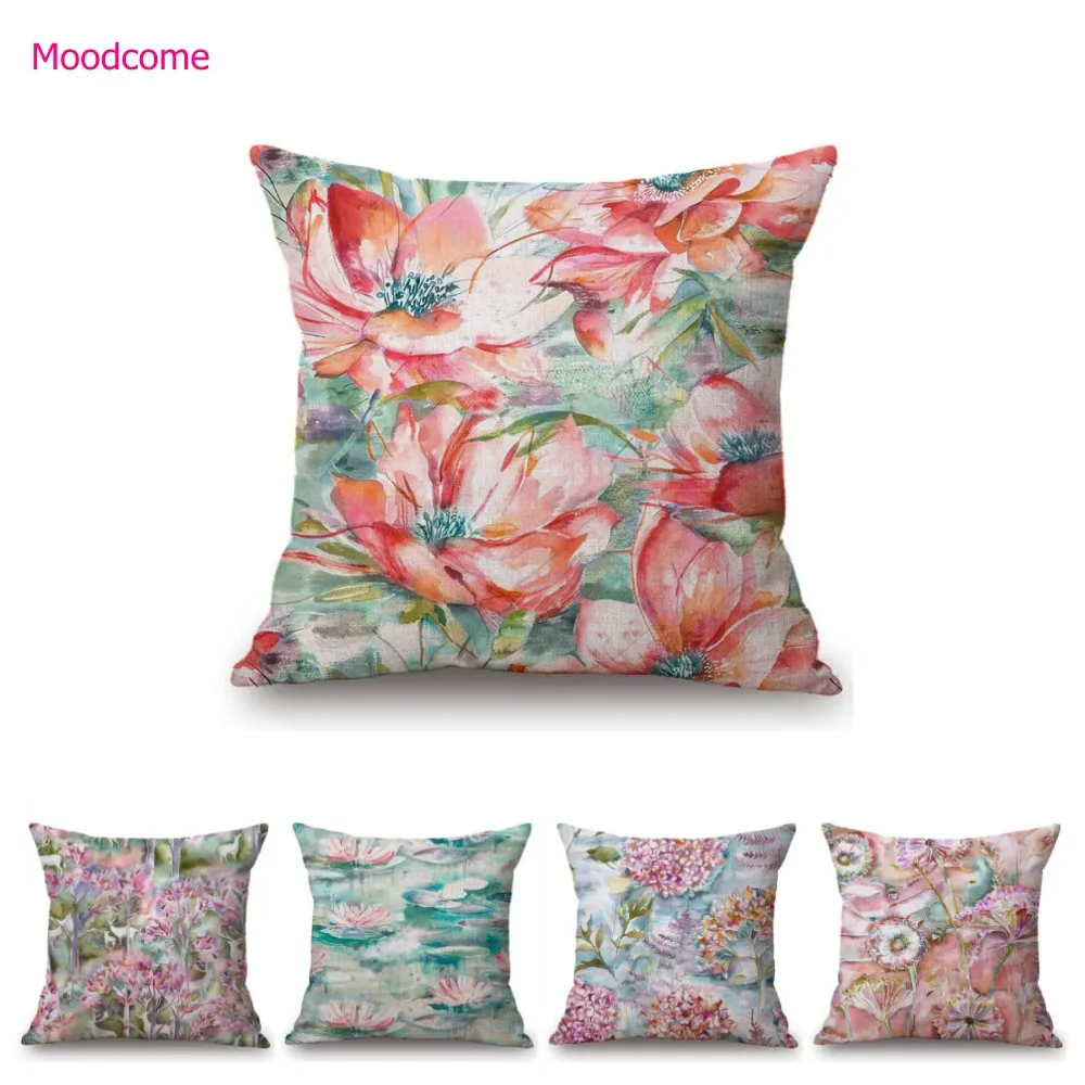 Spring Flower Oil Painting Poppy Sleeping Lily Hydrangeas Peony Home Decoration Art Sofa Throw Pillow Case Linen Cushion Cover