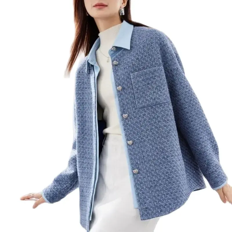 Spring Autumn Mid-Long Fake Two Pieces Coat Women 2024 New Fashion Loose Casual Jacket Button Pure Colour Blue Outerwear Female