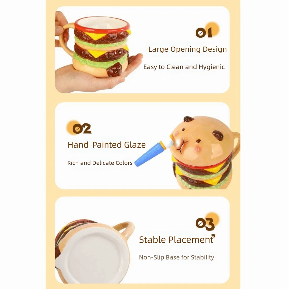 

Large Opening Capybara Hamburger Cup Cartoon Heat Resistant Capybara Water Cup with Lid Large Capacity Ornament