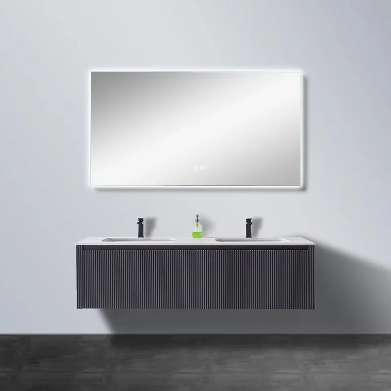 

Wall-mounted dark bathroom vanity luxury hotel bathroom cabinet with sintered stone top