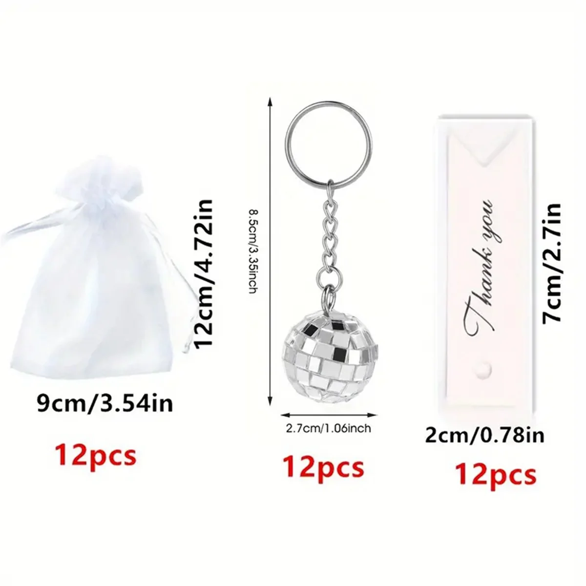Portachiavi con sfera da discoteca a specchio da 12 pezzi con coulisse Borse in organza trasparente Etichette di ringraziamento Accessori anni '70 Bomboniera da discoteca CALDO