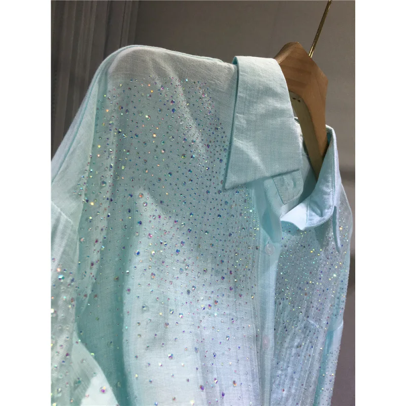 Hot Drilling Diamonds Chiffon Shirts Loose Slim Medium Length Striped Sunscreen Rhinestones Blouses Sun Protection Cardigan Tops