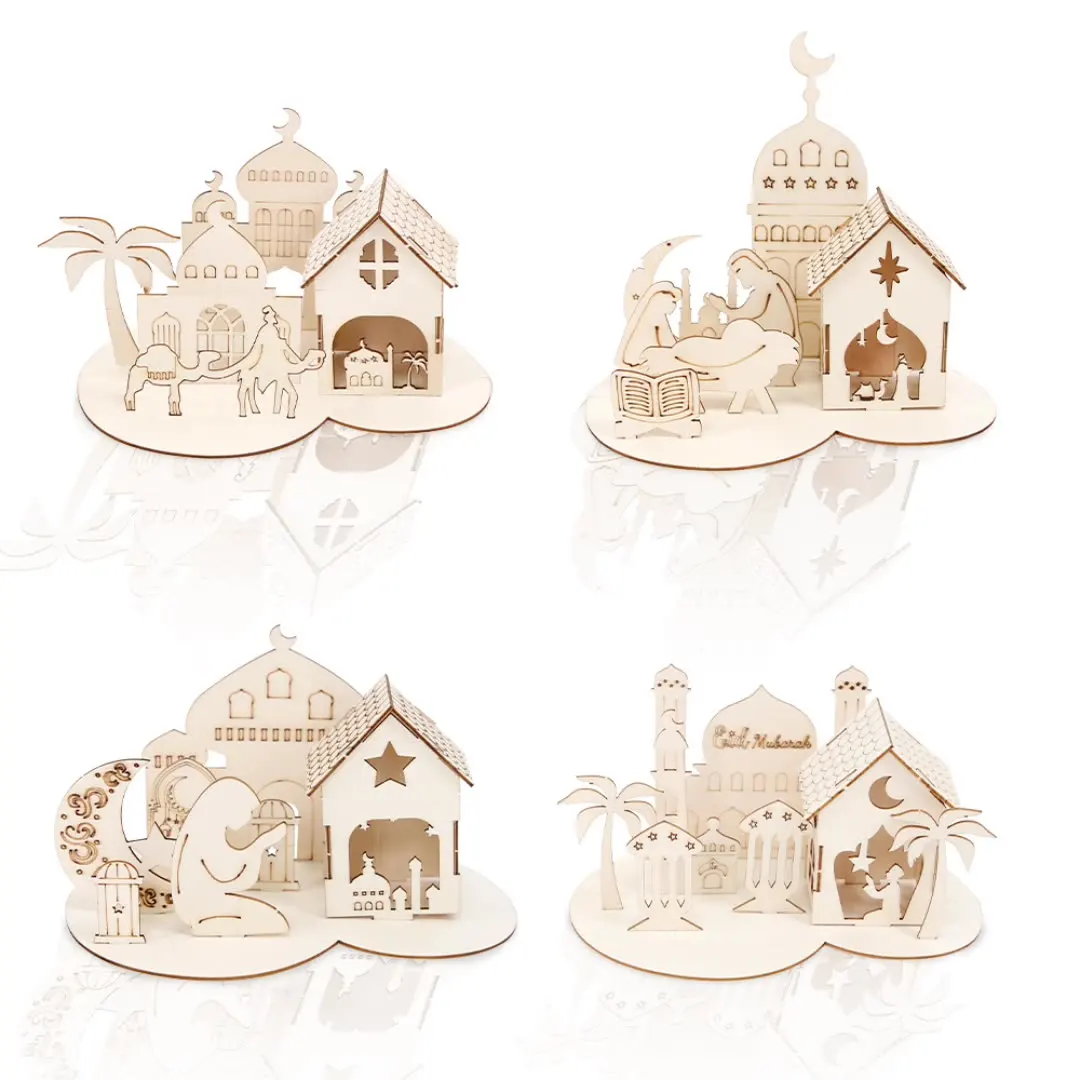 1set DIY Wooden Ramadan Puzzle Toys Eid Mubarak Can Graffiti Castle Puzzle Ramadan Decorations Eid al-Fitr Islamic Ramadan Gift
