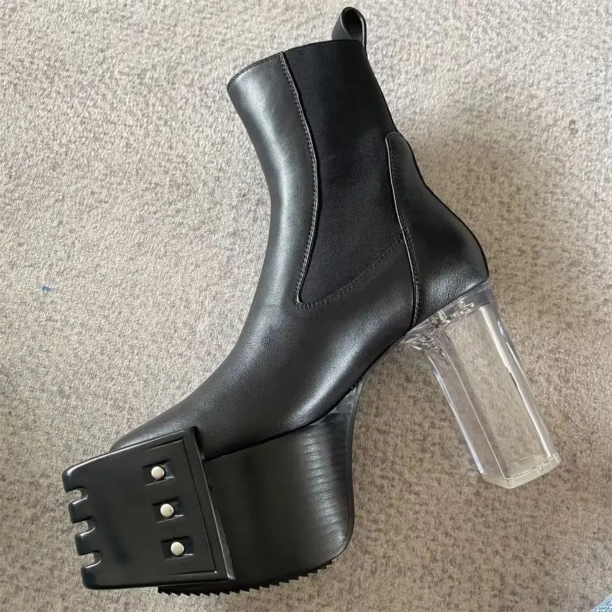 

Csutomized Limited Sale Real Leather Sole Crystal Bottom 12cm Crystal Acrylic Sole Kiss Boots