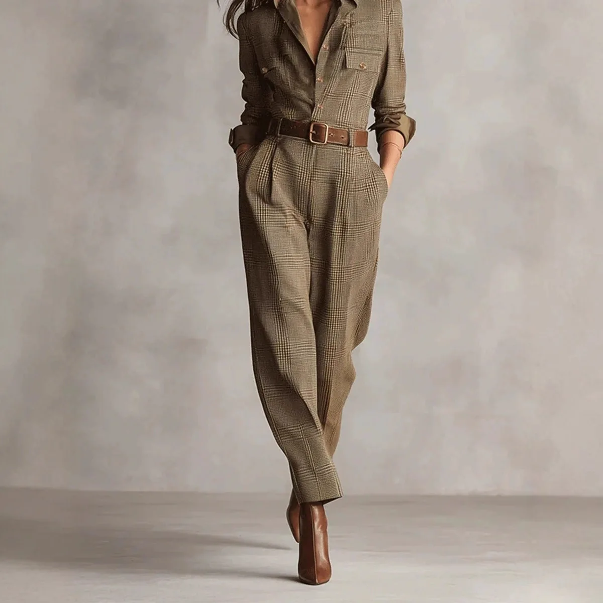 2025年春新作　個性的なストリート系チェック柄ワークベルト付き通勤ジャンプスーツ　レディースオーバーオール　レディースジャンプスーツ　レディースクラシックレトロ