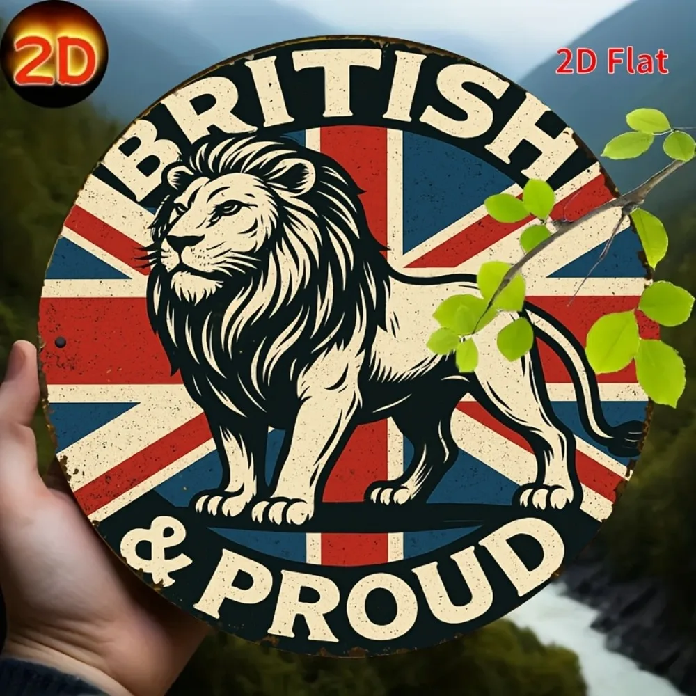 لافتة حائط حديدية عتيقة من Lion & Union Jack - لوحة معدنية ريفية مع نص "British & Proud"، ديكور متين مثبت على الحائط