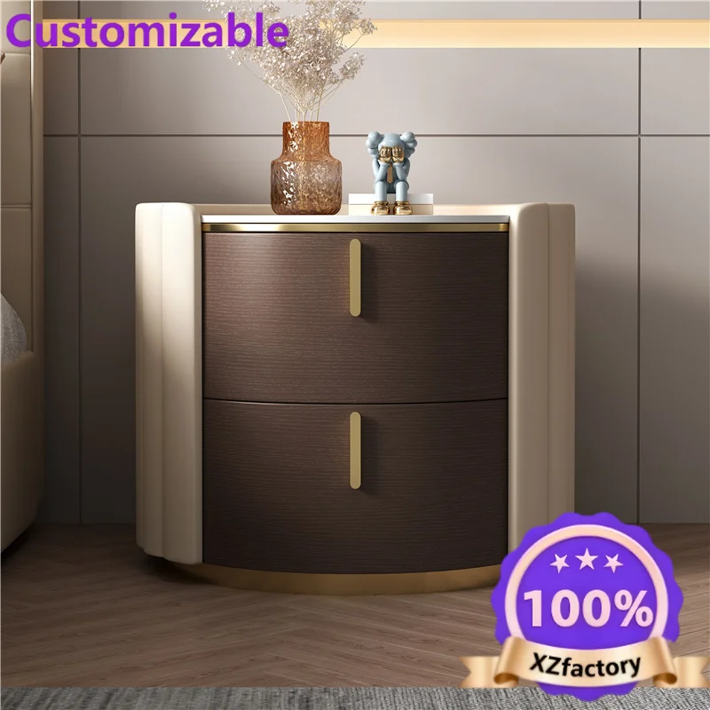 Factory Direct 2026 Top RatedItalian light luxury round rock slab bedside table modern minimalist high-end solid wood bedroom be