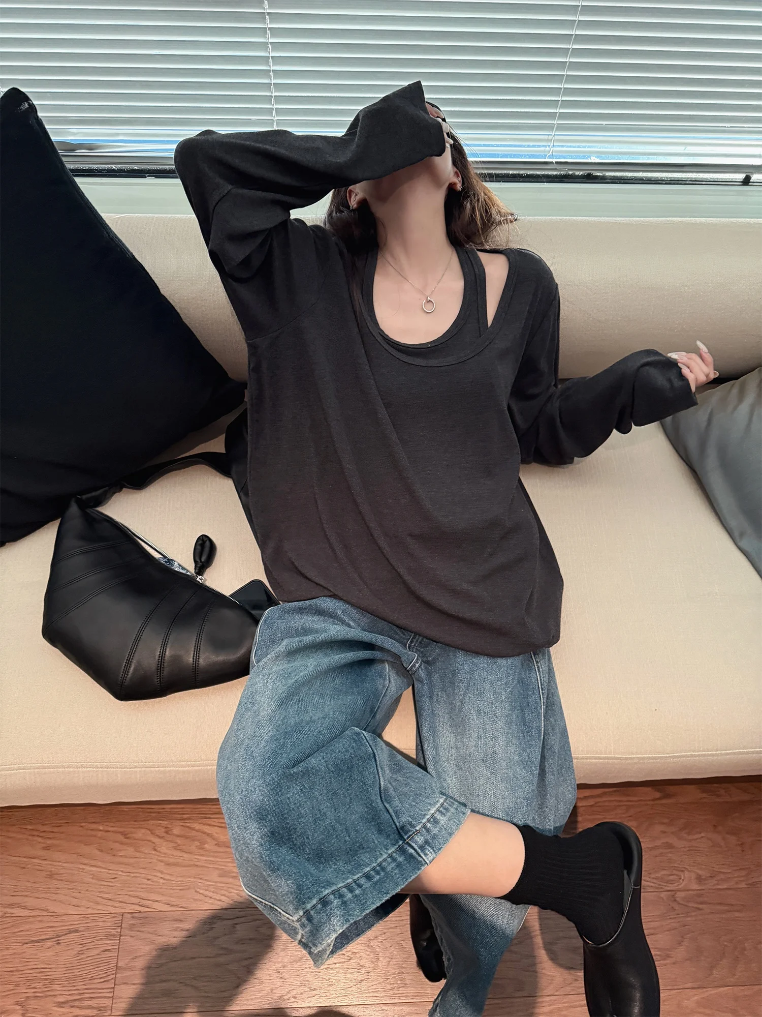 

Superniniyy Lazy Girl Long Sve T-irt Women's Loose Comfortable Soft Casual Sle Commute Faion Korean Version