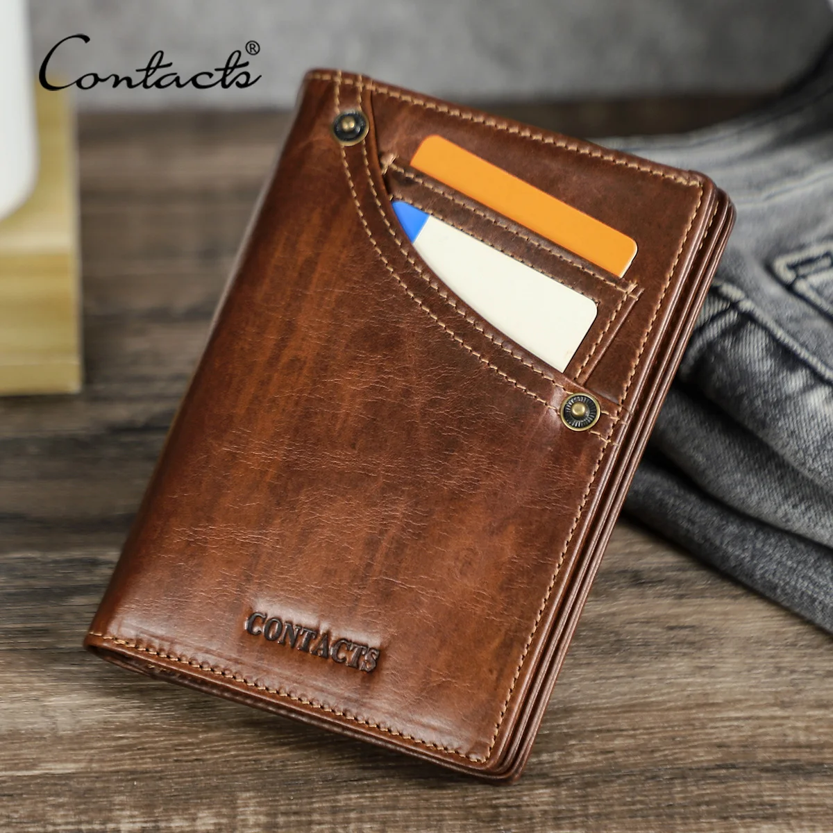 CONTACT'S Genuine Leather Short Wallets for Men Full Grain Leather Card Holder Money Clip Coin Purse Male Pocket Wallet Men Bag