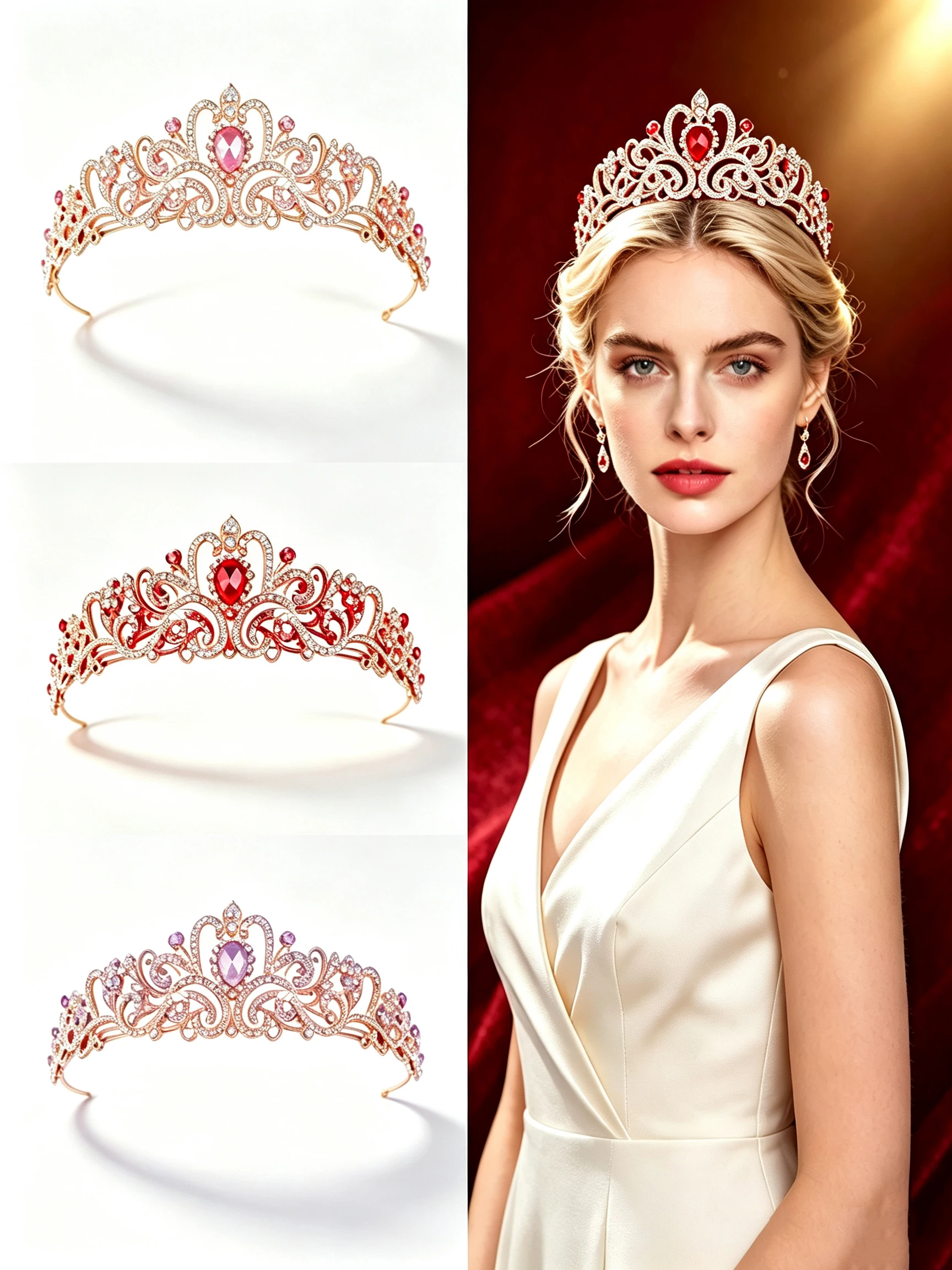 Bridal Crown with Golden Rhinestones, Pink and Purple Multi-Colored Gemstones, Wedding Headpiece, Princess Banquet Pageant Runway Hair Crown Accessory