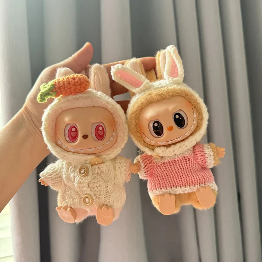 17 cm Mini Plüsch Puppe Kleidung Outfit Zubehör Für Labubu Idol handgemachte Gestrickte Kaninchen Ohr Frosch Stirnband Pullover Kleidung