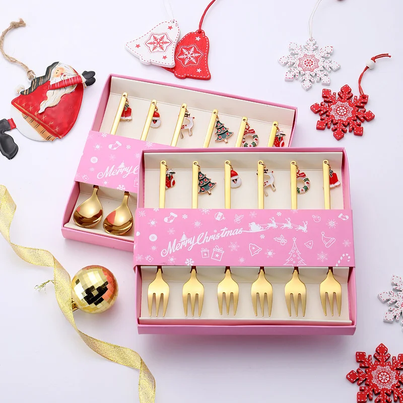 Stainless Steel Cutlery Set 6pcs Christmas Children's Gift Box With Xmas Pendant, Dessert & Fruit Forks, Coffee Spoon -