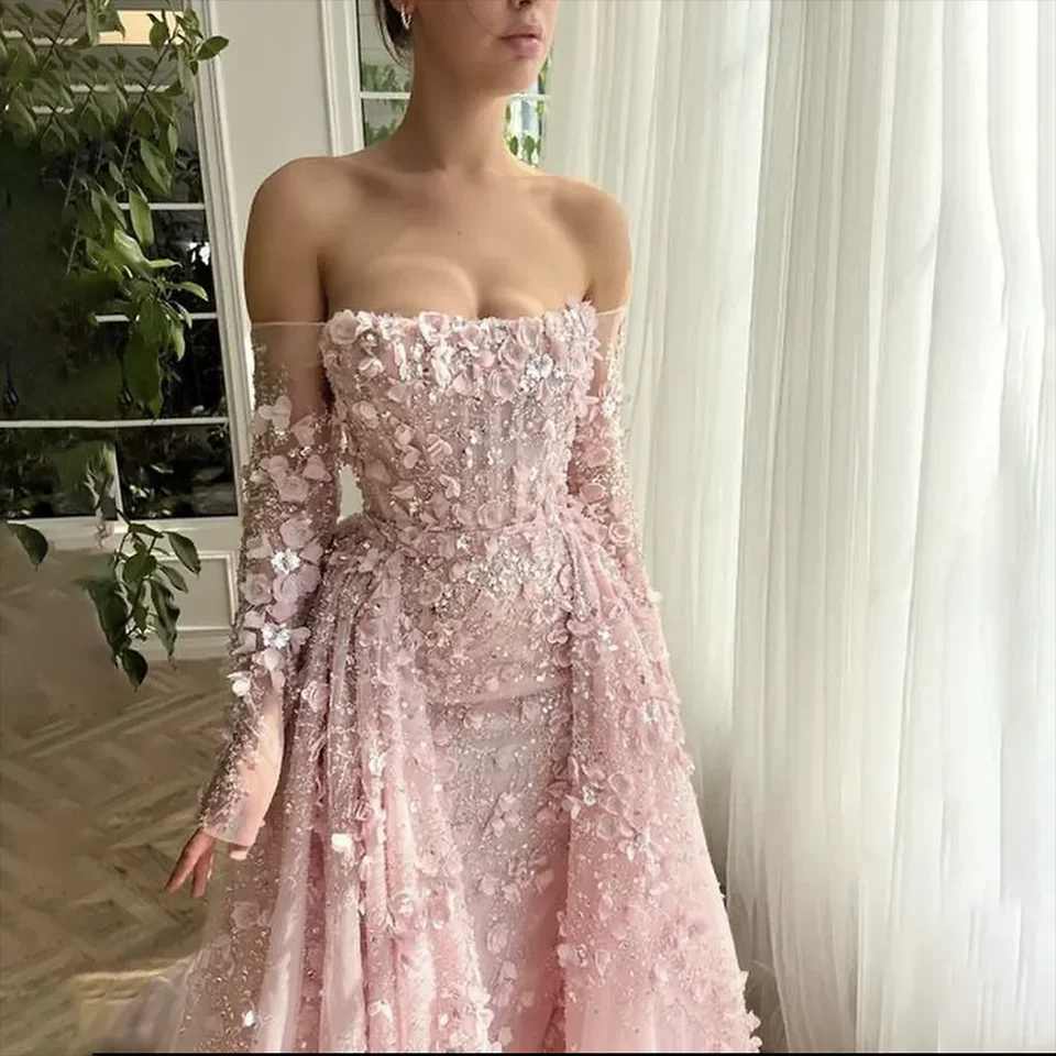 Customized High quality Intricate Sparkle Modern Style Sequin Applique Pleat A-line Strapless Long Dresses Prom Dresses Elegant