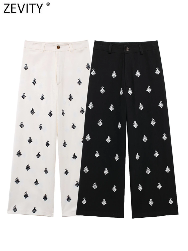 ZEVITY New Women Fashion Geometric Embroidery Wide Leg Pants High Waist Female Chic Zipper Fly Ankle Length Trousers Mujer P6247