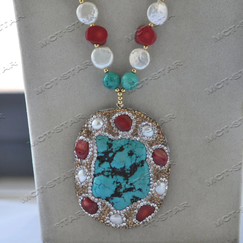 Z12301 20 "65mm جميع تشيكوسلوفاكيا الأزرق الفيروز الأحمر المرجان الأبيض اللؤلؤ قلادة قلادة #3