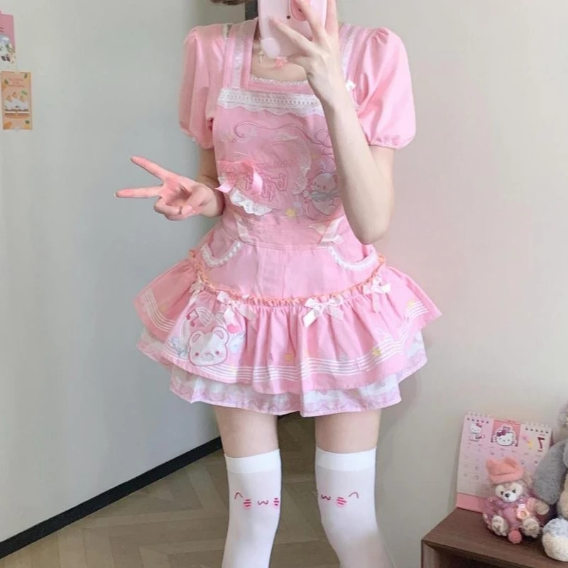

Japanese sweet 2-piece set summer kawaii print short-sleeved top lace lace strap mini-skirt set Y2K cute pink clothing women