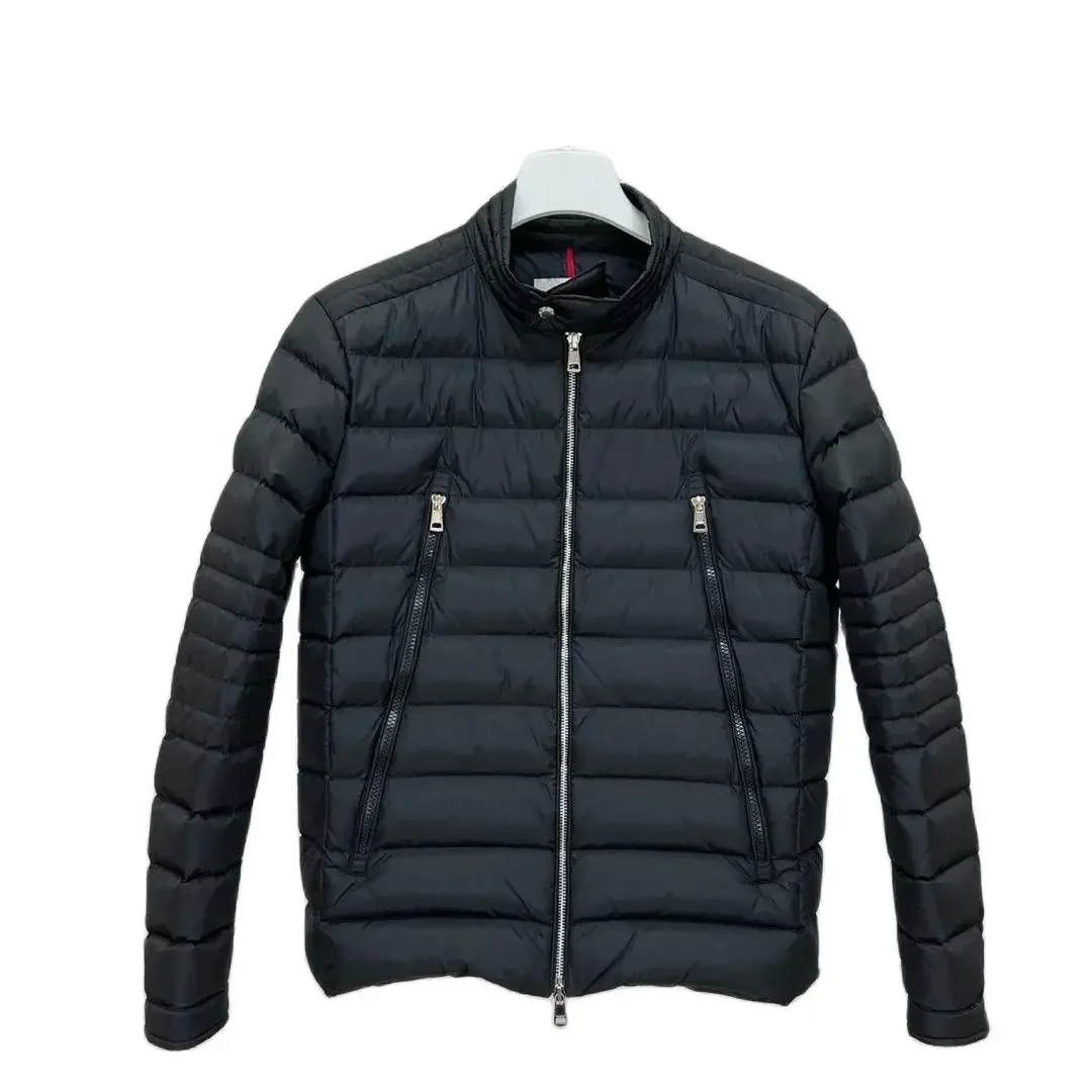 Chaqueta de plumón de ganso blanco para hombre, abrigo de ocio cálido con cuello levantado, color sólido, estilo motocicleta, bolsa de polvo,