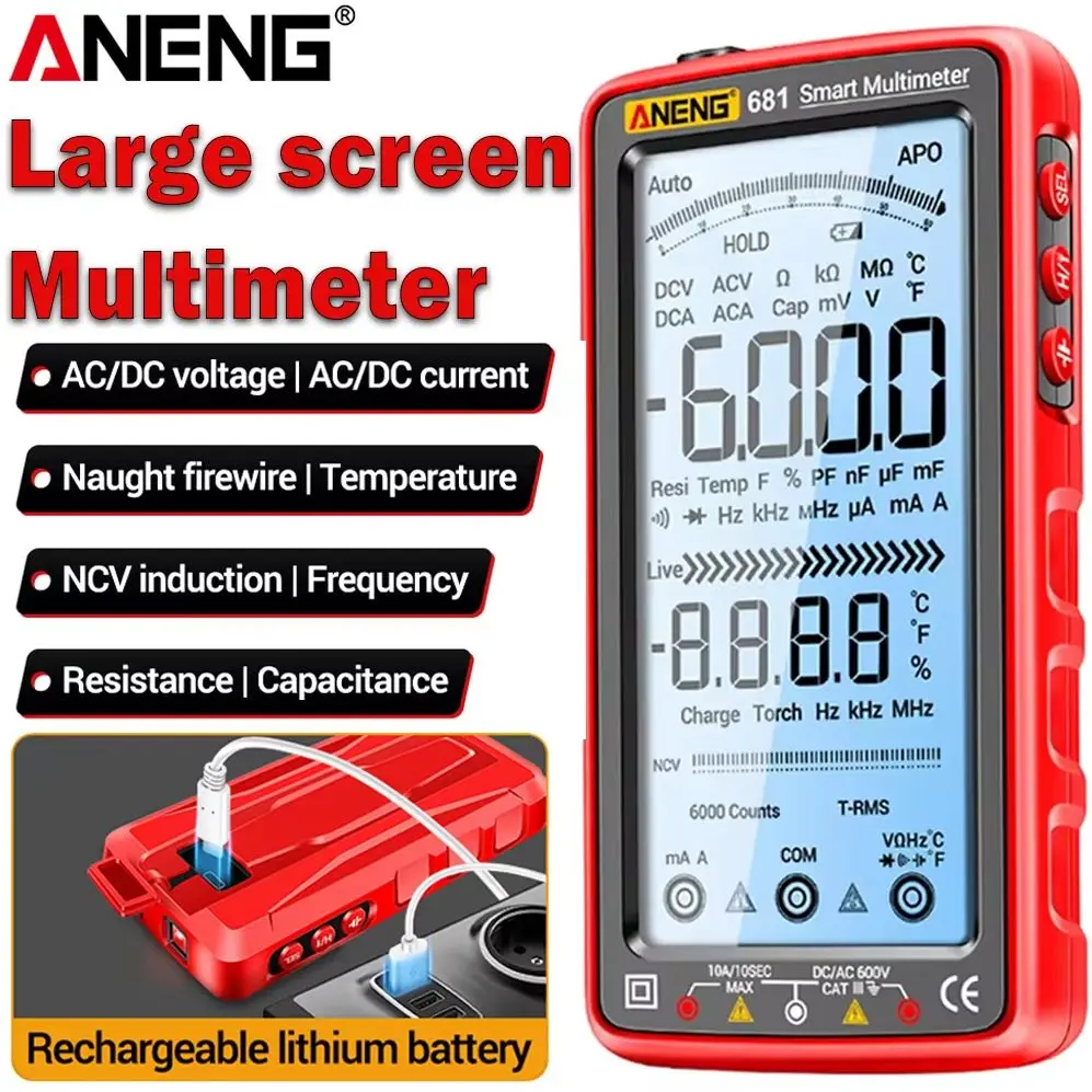 Rechargable Digital Multimeter ANENG 681 Professional Non-contact Voltage Tester AC/DC Voltage Meter LCD Screen Current Tester