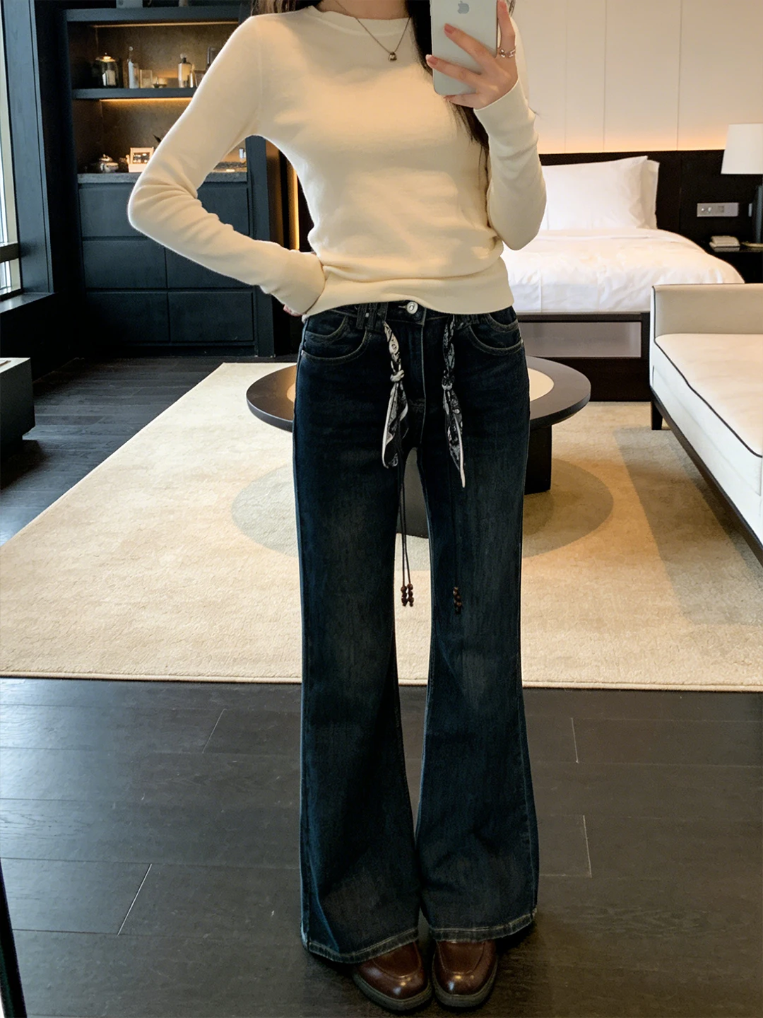 

Джинсы с высокой талией и расклешенным низом, женские, весенние, в корейском стиле, ретро, облегающие, джинсовые брюки, универсальные, повседневные, прямые брюки