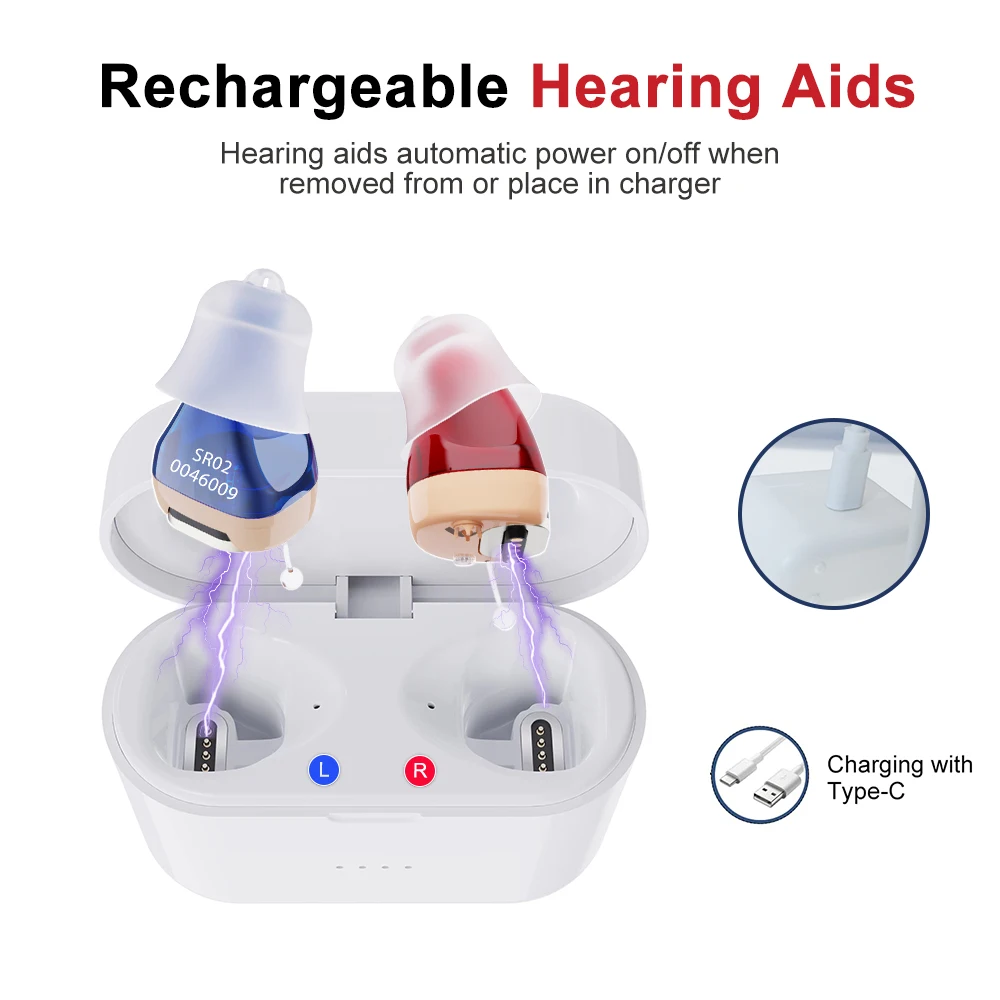 Aparelho auditivo magnético recarregável para idosos USB Mini amplificador portátil de ouvido interno SR02 Áudio ajustável