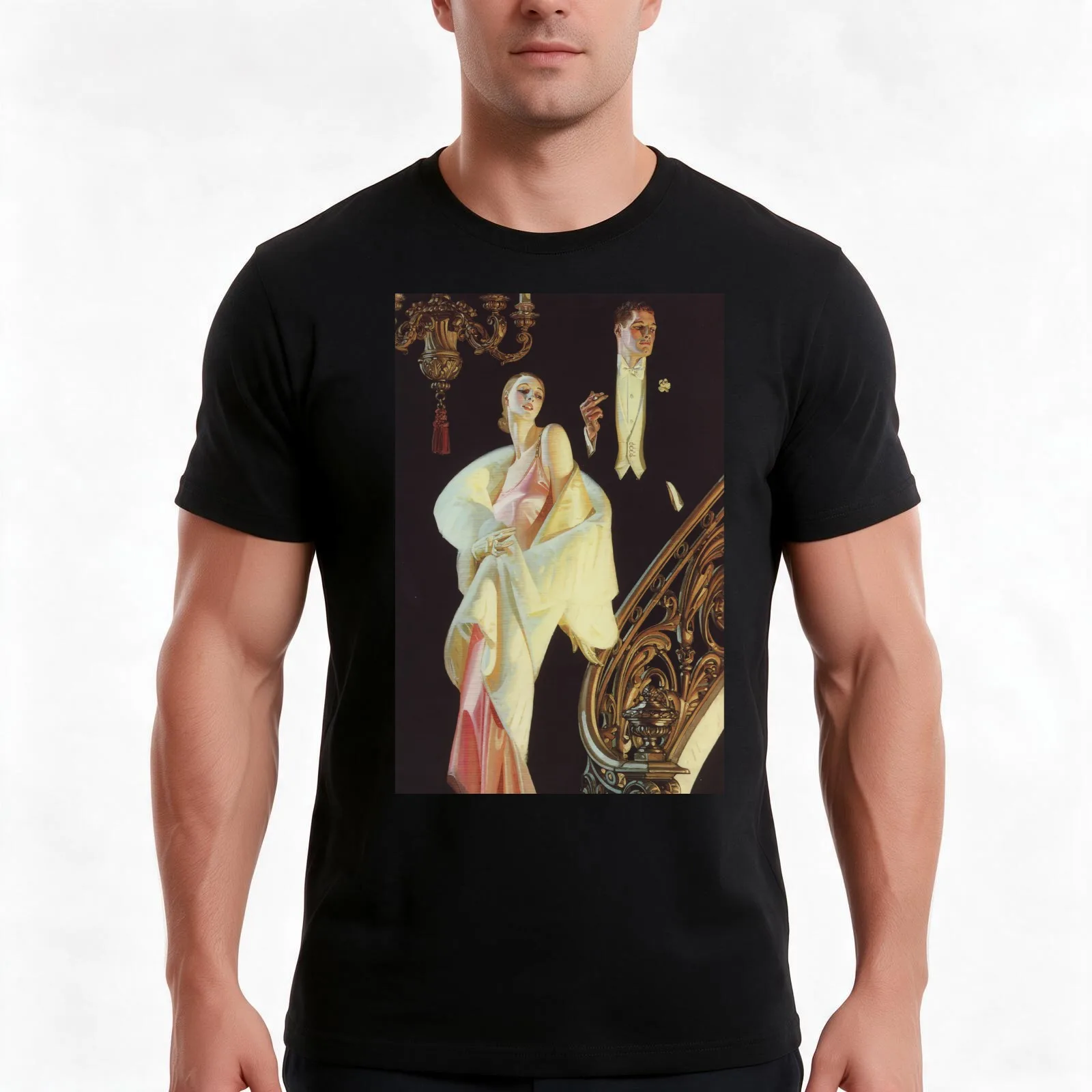 Couple Descending Staircase by J.C. Leyendecker T-Shirt Summer Casual Cotton Tee Oversized Streetwear Tops Unisex Men Women