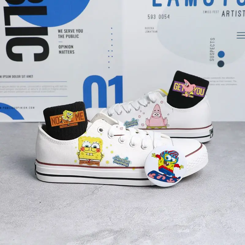 SpongeBob SquarePants white black Low Top Canvas For Men And Women Small White Summer Couple Breathable Board Shoes