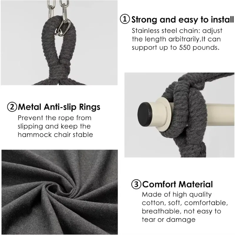 

Comfortable&durable cotton woven hammock chair hanging rope swing, 2 Cushions Included, Large Macrame Hanging Chair w/Pocket