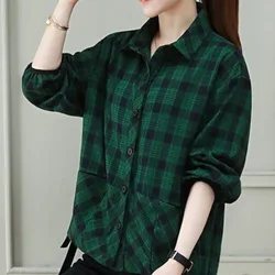 Spring and Autumn Women's Checkered Cardigan Polo Button Long Sleeve Shirt Lantern Sleeve Shirt Fashion Loose Casual Coat Tops