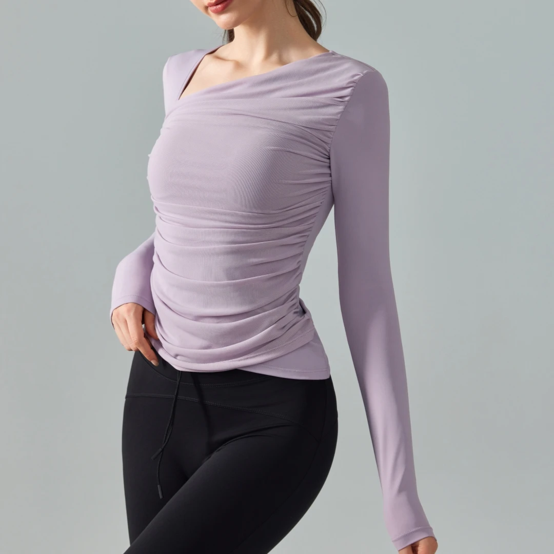 Slant Neck Yoga Long Sleeve T-shirt for Women Mesh Patchwork Sports Top with Chest Cushion Fashionable Slimming Fitness Gym Top