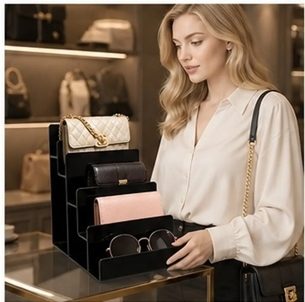 Acrylic Tiered Display Stand for Handbags Wallets Sunglasses Purse Organizer Modern Minimalist Glasses Display Riser Store Home