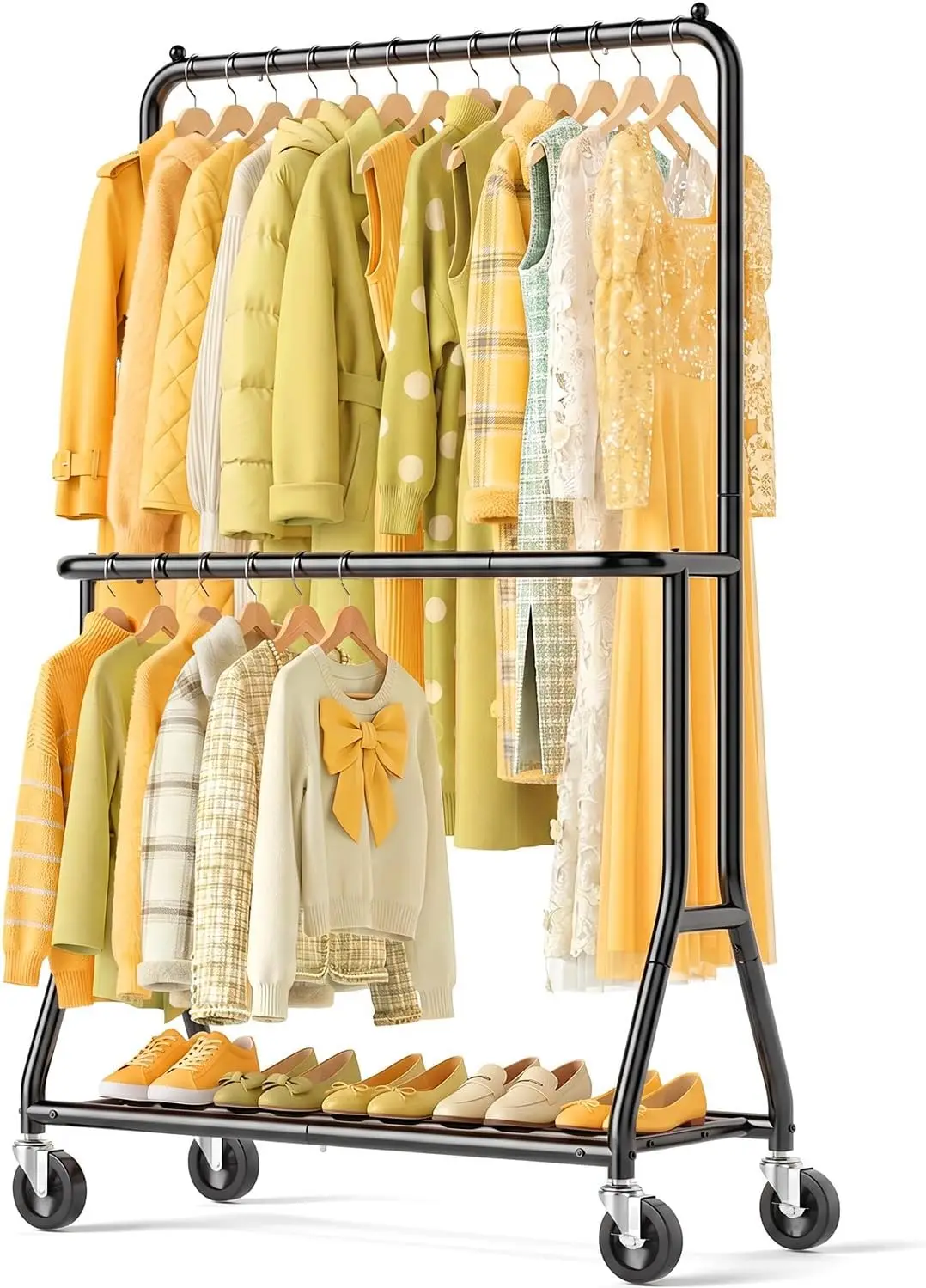 Heavy Duty Clothes Rack with Wheels, Double Rod, 655 lb, Black