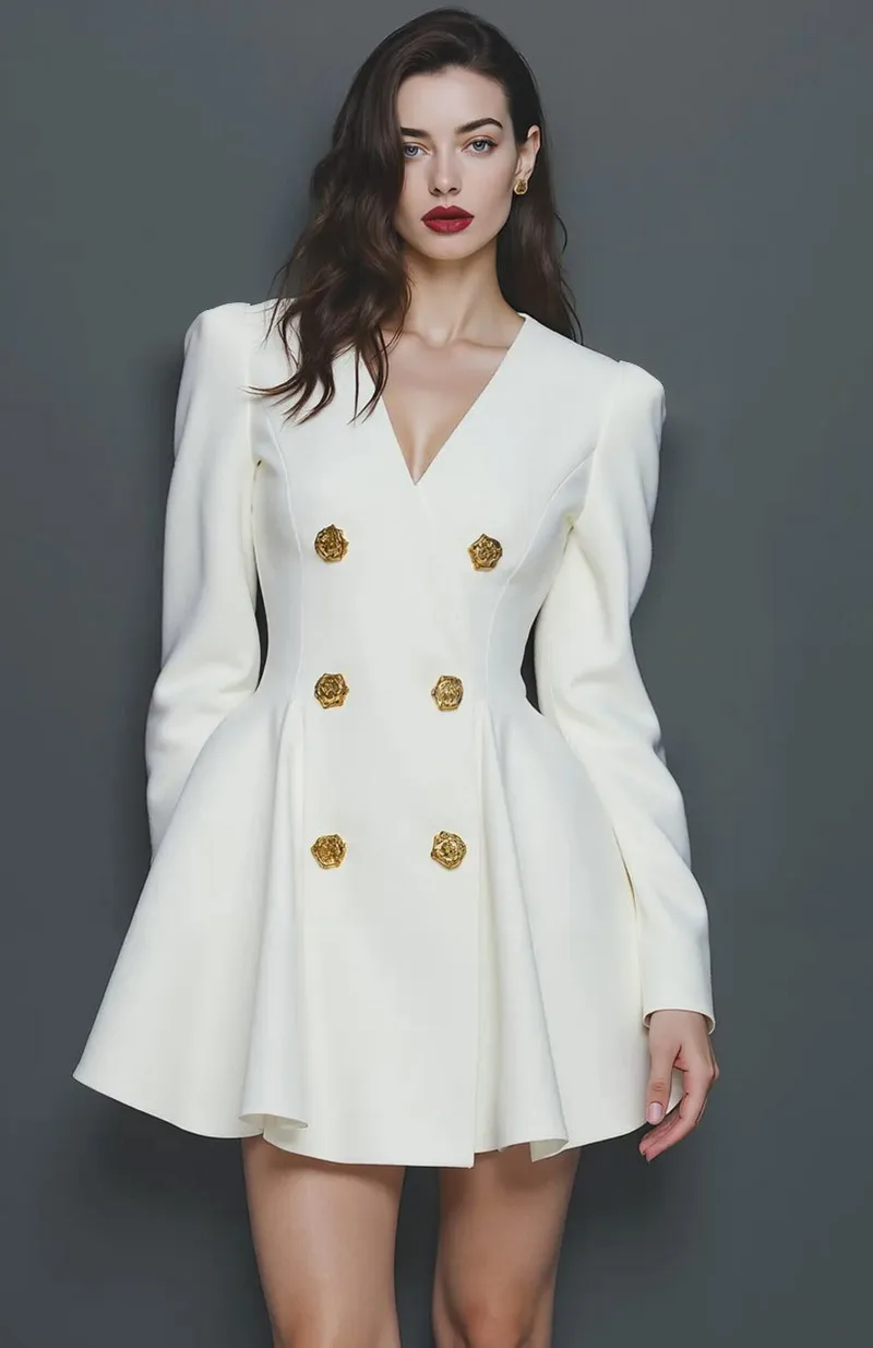 

Chic V-neck Big Swing Mini Dresses Spring Women Long Sleeve Metal Button Dress Autumn Female High Waist Back Zipper Short Dress