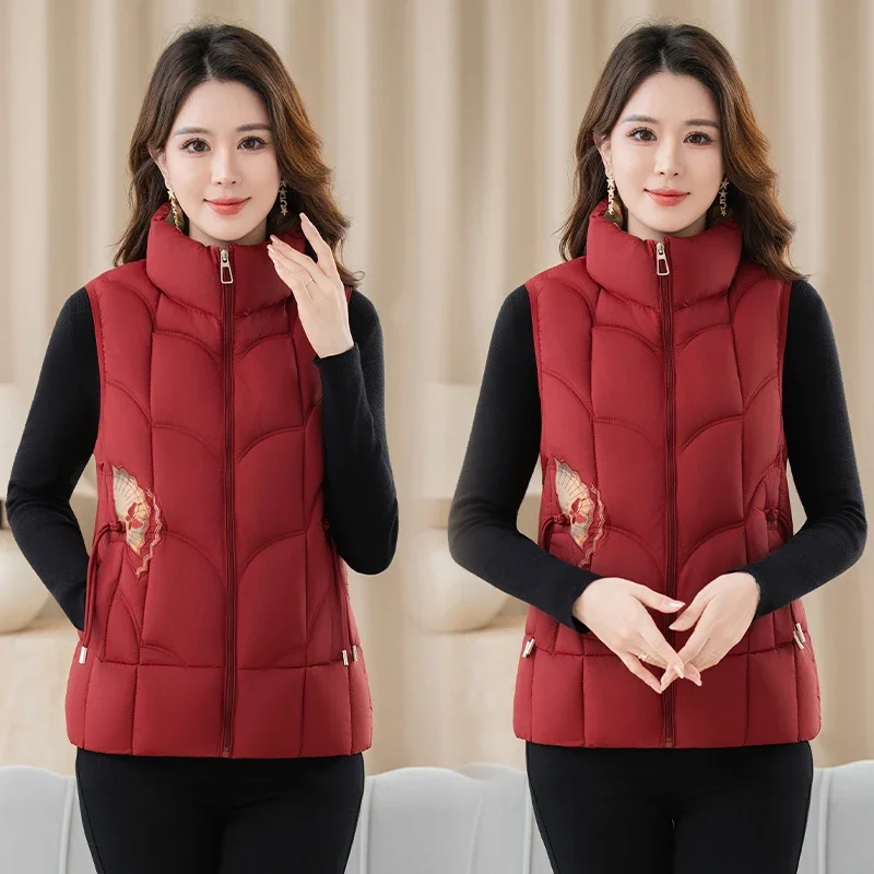 

DownCotton-Padded Vest Middle-aged Mother Autumn Winter Women's Stand Collar Zipper Cotton Jacket
