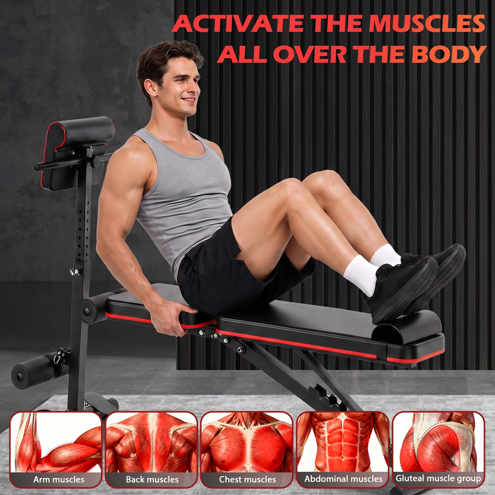 10-in-1 Foldable Weight Bench Multi-Functional Adjustable Incline/Decline/Flat Dumbbell Bench Home Full Body Strength Training Workout Equipment