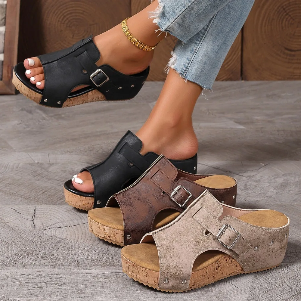 Women Wedge Platform Slides Sandals Adjustable Buckle Peep Toe Cork Sole Slip on Slippers Vintage Distressed Casual Summer Ladie