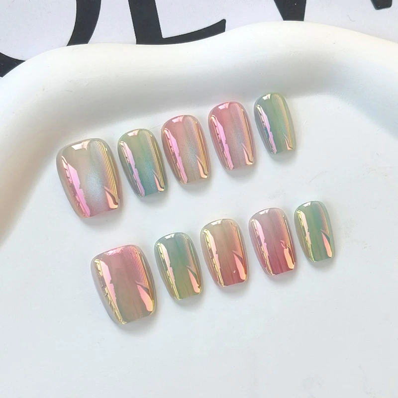10pcs Electroplated Colorful Glass Beads Short Round Square Head Cats Eye Nail Tips Girl Lady Versatile Press on Nail False Nail