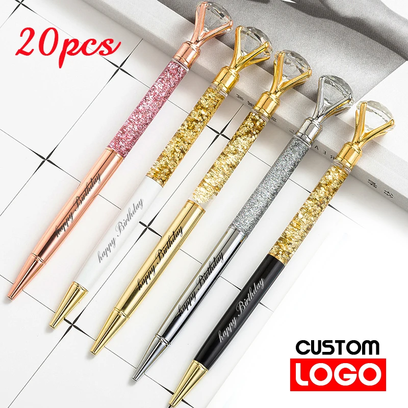 

20pcs/batch Large Crystal Diamond Gold Powder Metal Ballpoint Pen Ring Wedding Office Gift Rollerball Pen Free Customized Logo