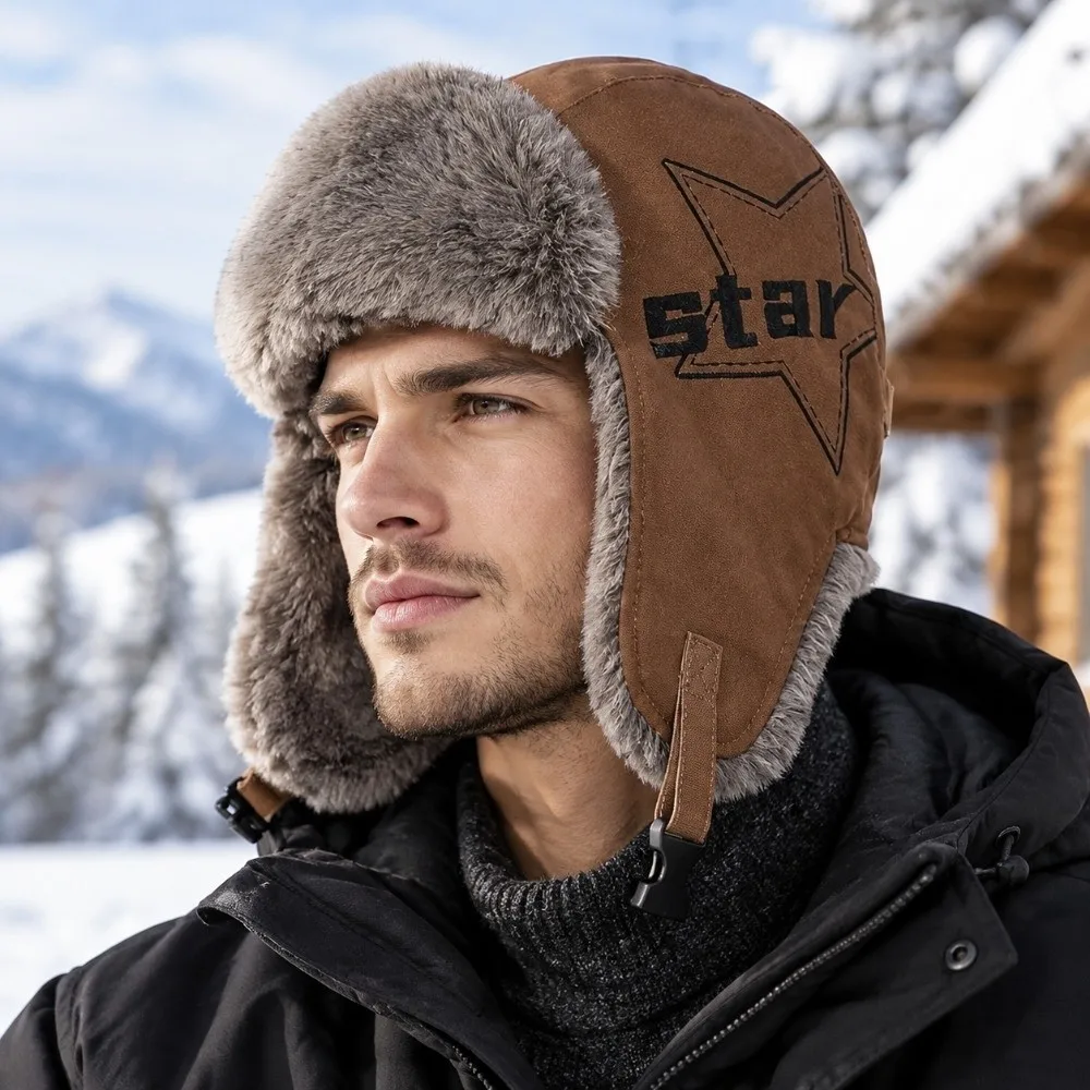 Fashion Star Winter Pilot Hat Pu Leather Windproof Cycling Lei Feng Hat Beanie Caps Neck Protector Warm Ski Hat Outdoor