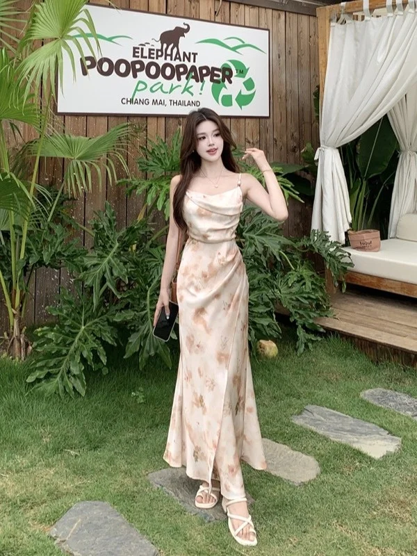 plus Size Floral Print Halter Dress Women's Summer New Thin Shoulder Shawl Top Trendy Korean Style Commute High Waist Long Skirt