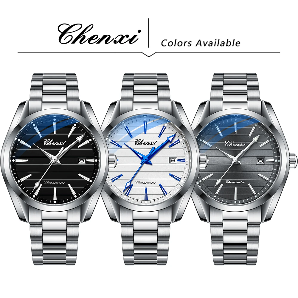 남자를위한 패션 간단한 실버 비즈니스 시계 CHENXI 라운드 다이얼 남자 시계 방수 빛나는 남자 손목 시계