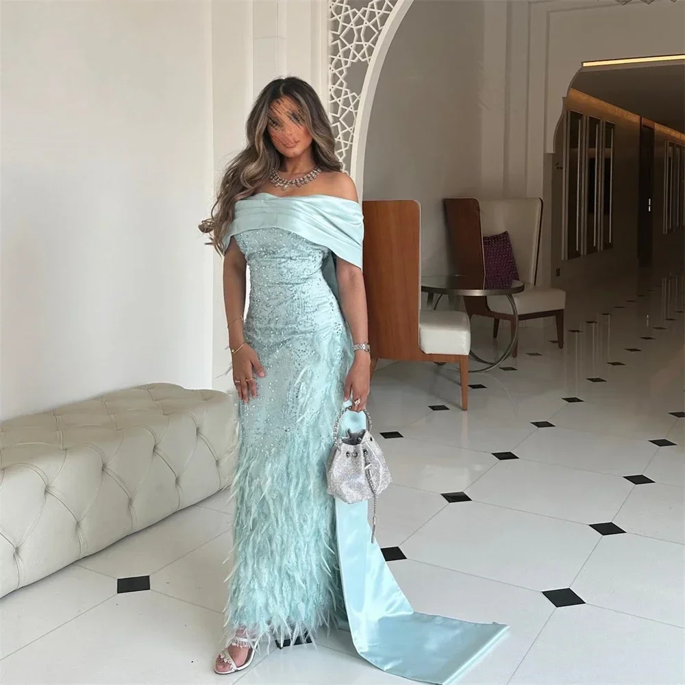 Customized Jersey Beading Feather Valentine's Day A-line Off-the-shoulder Bespoke Occasion Gown Midi Dresses Elegant Exquisite H