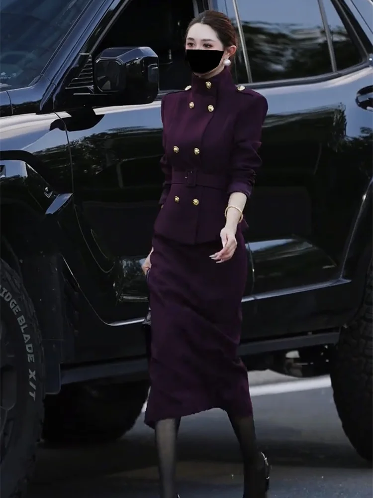 

Зима 2025 года, новое модное и элитное хлопковое пальто во французском стиле с воротником-стойкой, полуюбка, элегантный комплект для женщин