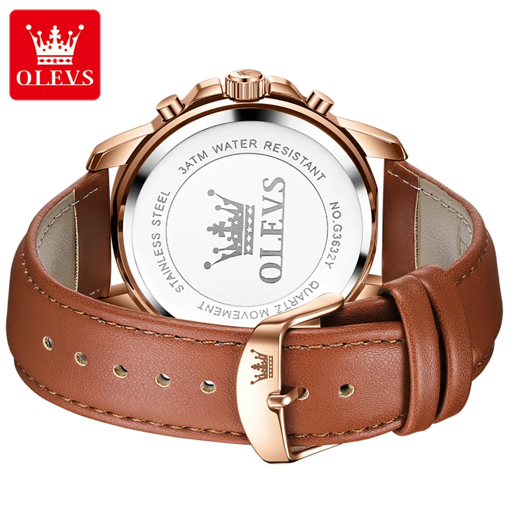 OLEVS New Men's Watches Original Fashion Comfortable Leather Strap Waterproof Moon Phase Quartz Watch for Male Chronograph Watch