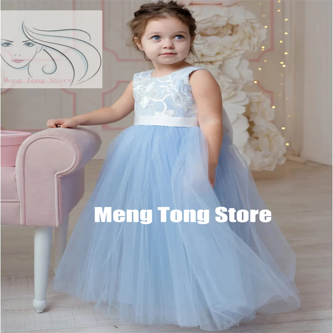 Customization Flower Girl Dresses Blue Tulle White Flory Patter With Bow Sleeveless For Wedding Birthday Party First Communion G