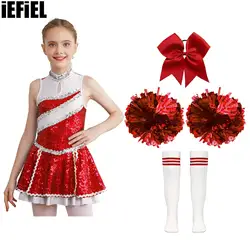 Kids Girls Cheerleading Dance Sets Shiny Sequins Patchwork Invisible Zipper Back Dress with Headwear Hand Flowers Striped Socks