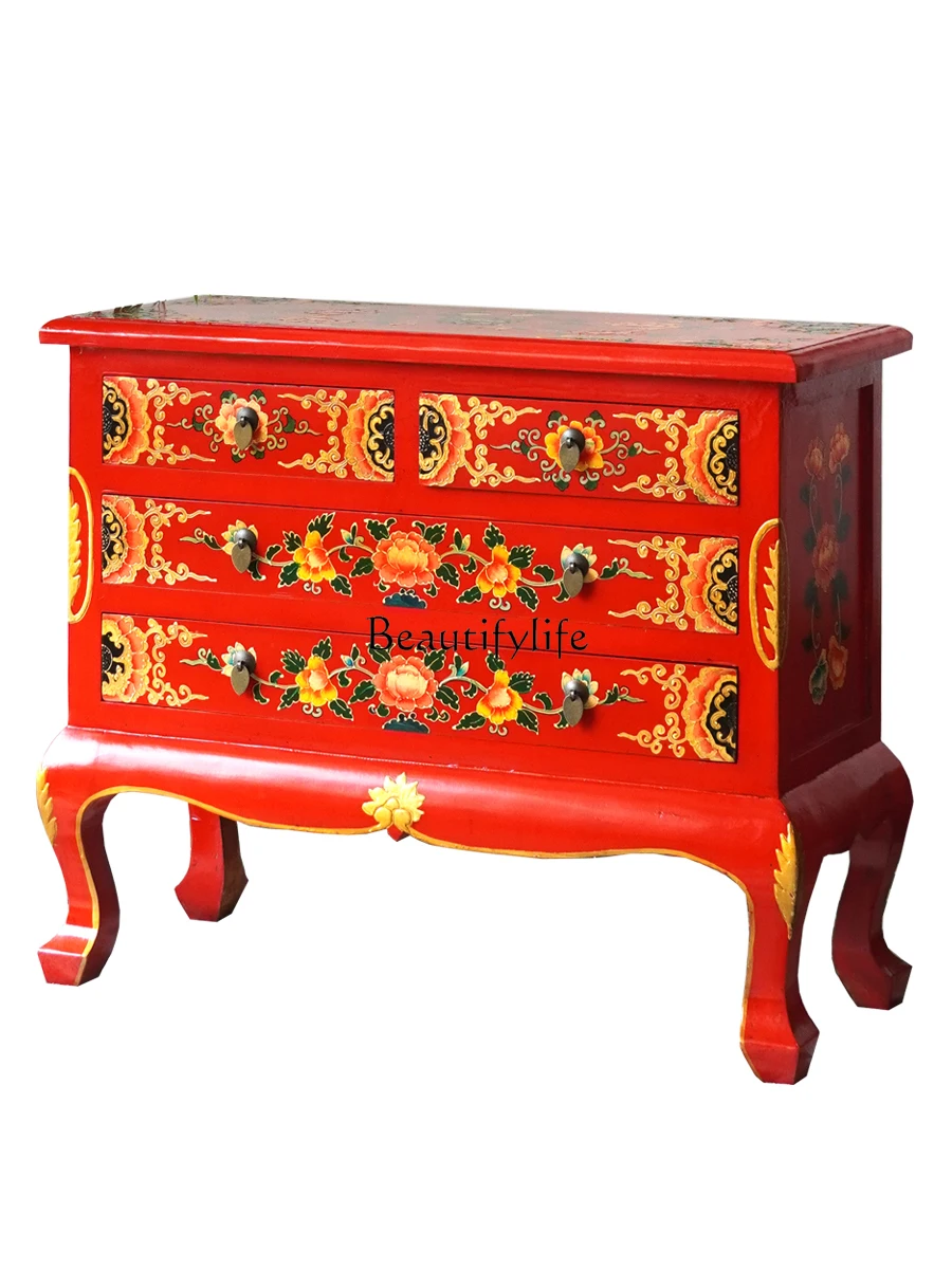 

New Chinese-style solid wood painted entrance cabinet, Chinese red hand-painted entrance hall decorative cabinet